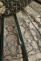 Dark Green Banarasi Pure Katan Silk Unstitched Flower Design Lehenga Set - Luxurion World