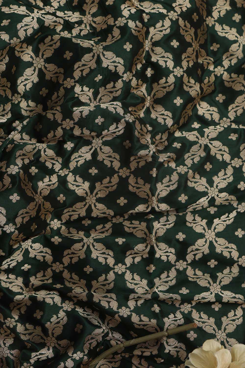 Dark Green Banarasi Pure Katan Silk Unstitched Flower Design Lehenga Set - Luxurion World