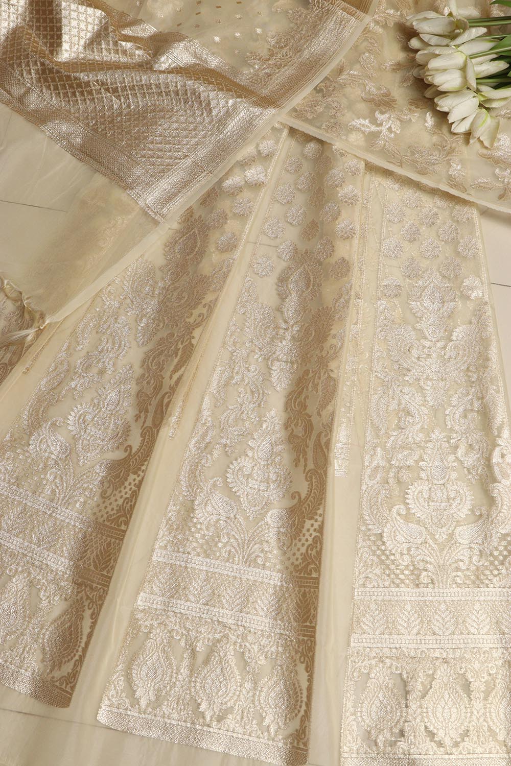 Pastel Banarasi Organza Silk Unstitched Lehenga Set - Luxurion World