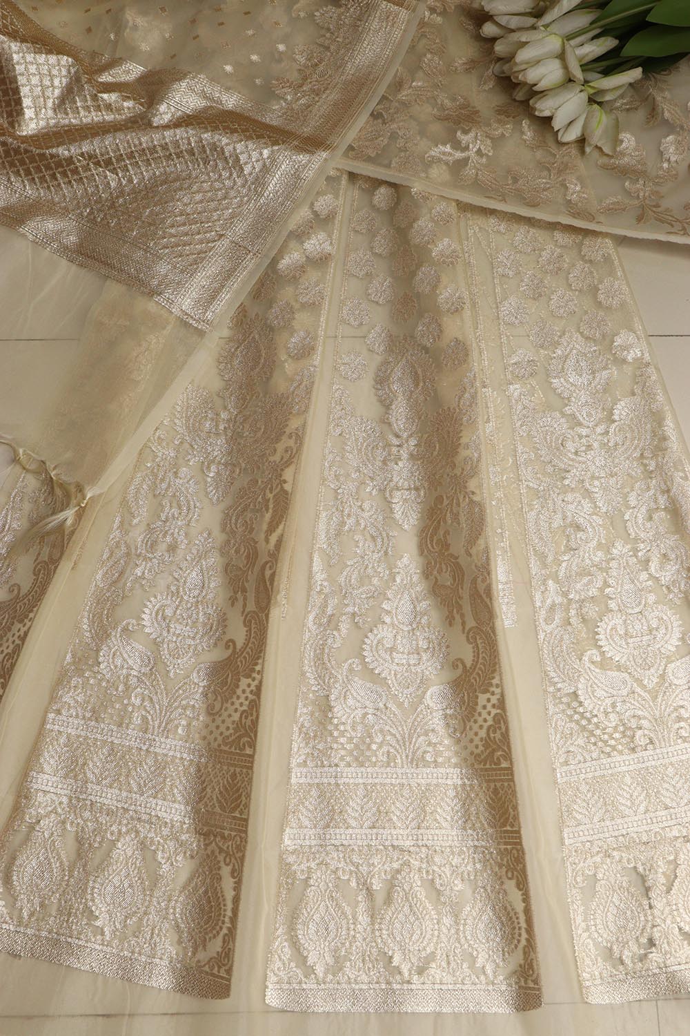 Pastel Banarasi Organza Silk Unstitched Lehenga Set - Luxurion World