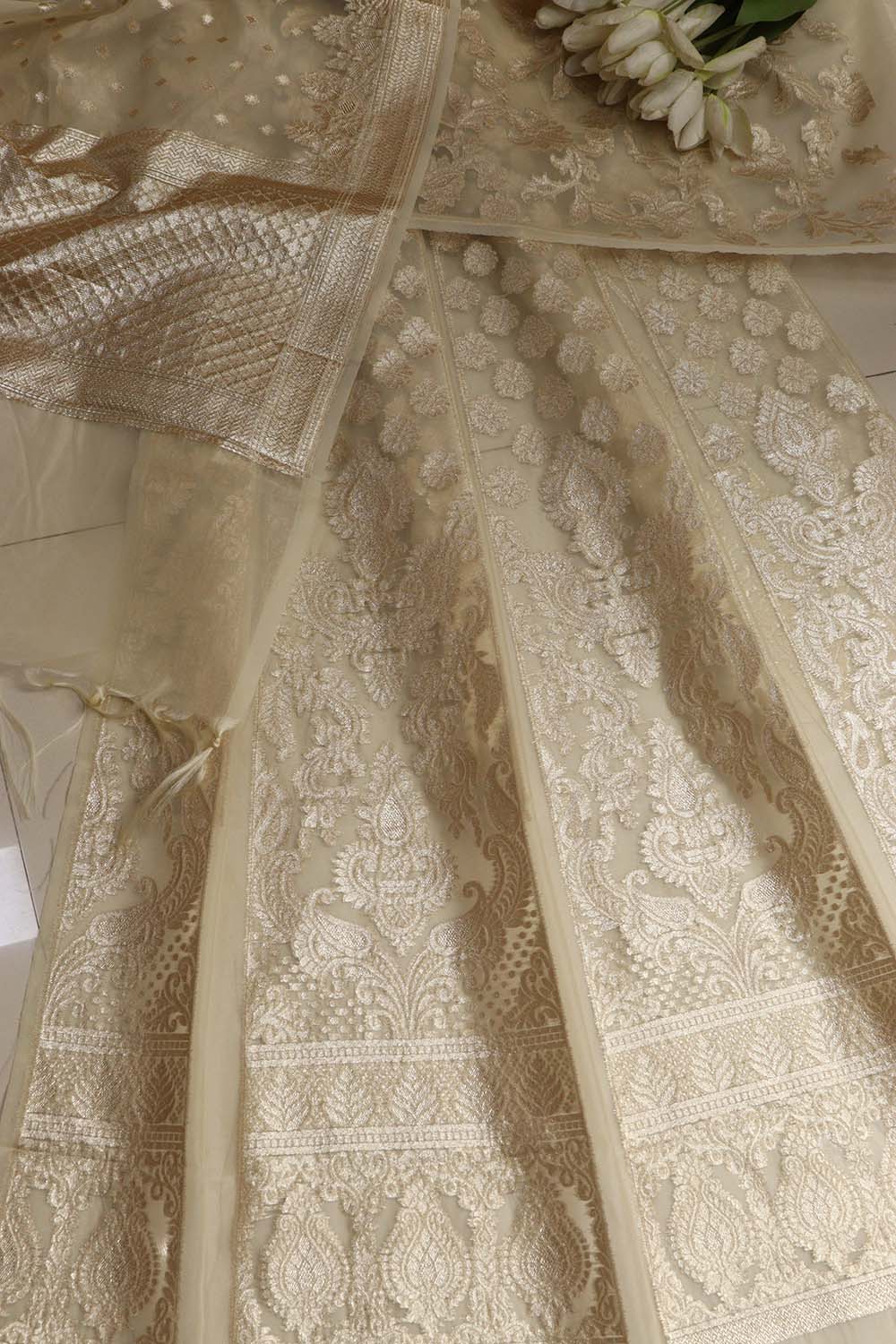 Pastel Banarasi Organza Silk Unstitched Lehenga Set - Luxurion World