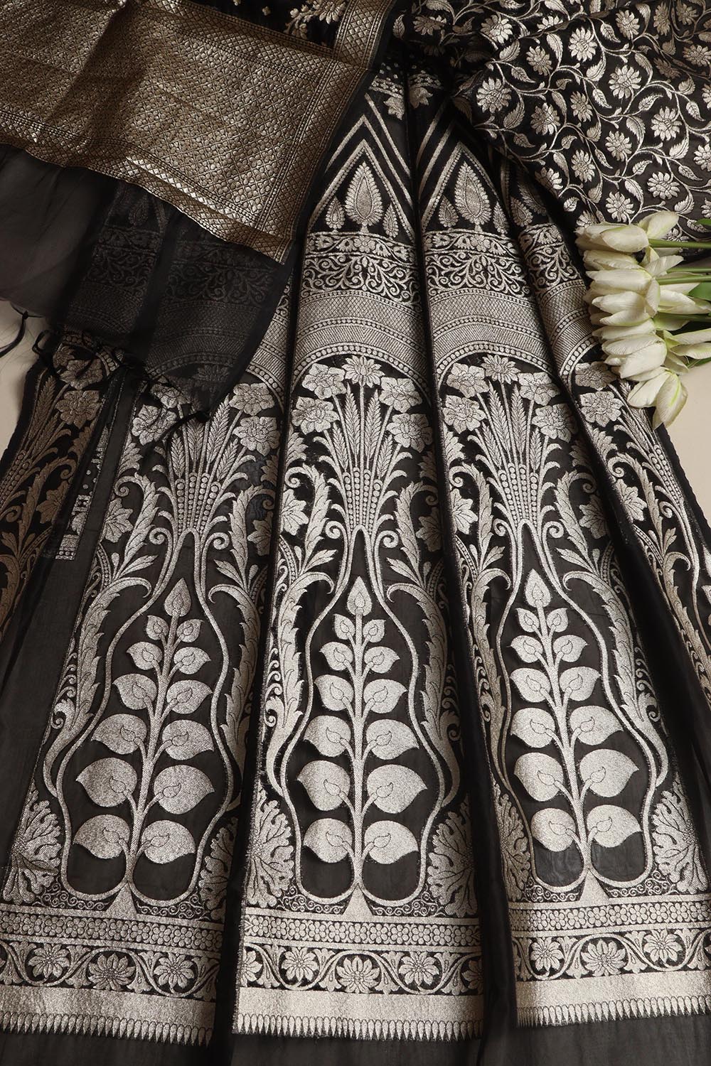 Exquisite Black Banarasi Organza Silk Unstitched Lehenga Set - Luxurion World