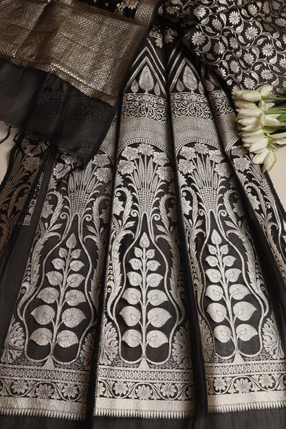 Exquisite Black Banarasi Organza Silk Unstitched Lehenga Set - Luxurion World
