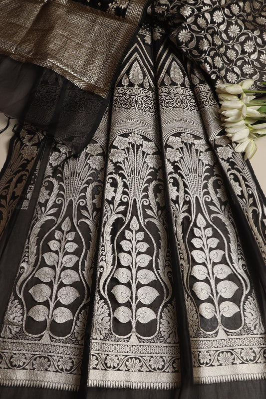 Exquisite Black Banarasi Organza Silk Unstitched Lehenga Set - Luxurion World