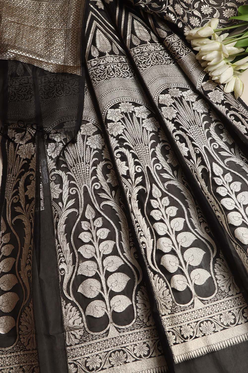 Exquisite Black Banarasi Organza Silk Unstitched Lehenga Set - Luxurion World