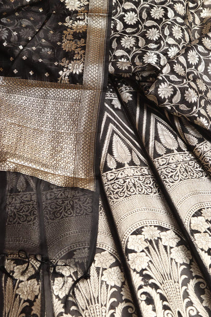 Exquisite Black Banarasi Organza Silk Unstitched Lehenga Set - Luxurion World