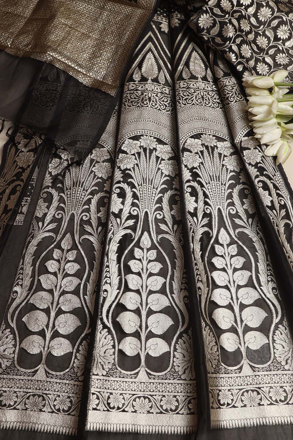 Exquisite Black Banarasi Organza Silk Unstitched Lehenga Set - Luxurion World