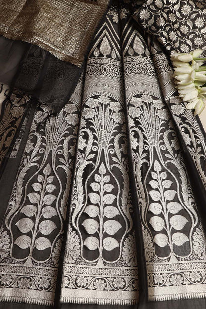 Exquisite Black Banarasi Organza Silk Unstitched Lehenga Set - Luxurion World