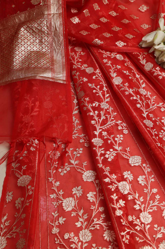 Red Banarasi Organza Silk Unstitched Lehenga Set - Luxurion World