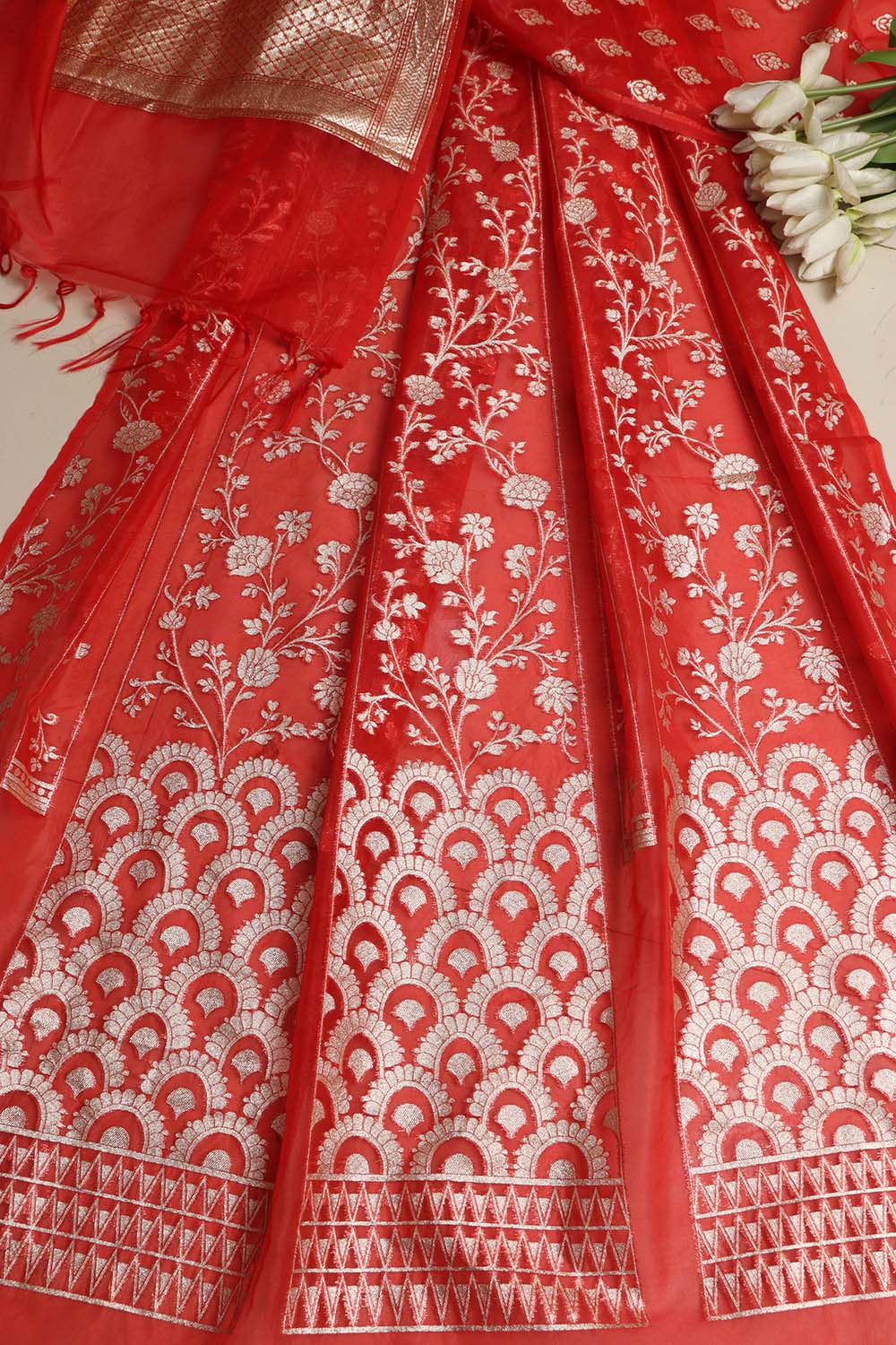 Red Banarasi Organza Silk Unstitched Lehenga Set - Luxurion World