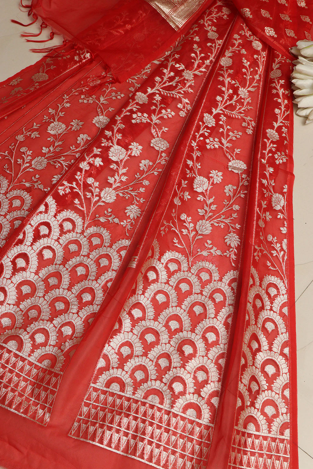 Red Banarasi Organza Silk Unstitched Lehenga Set - Luxurion World