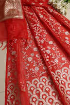 Red Banarasi Organza Silk Unstitched Lehenga Set - Luxurion World
