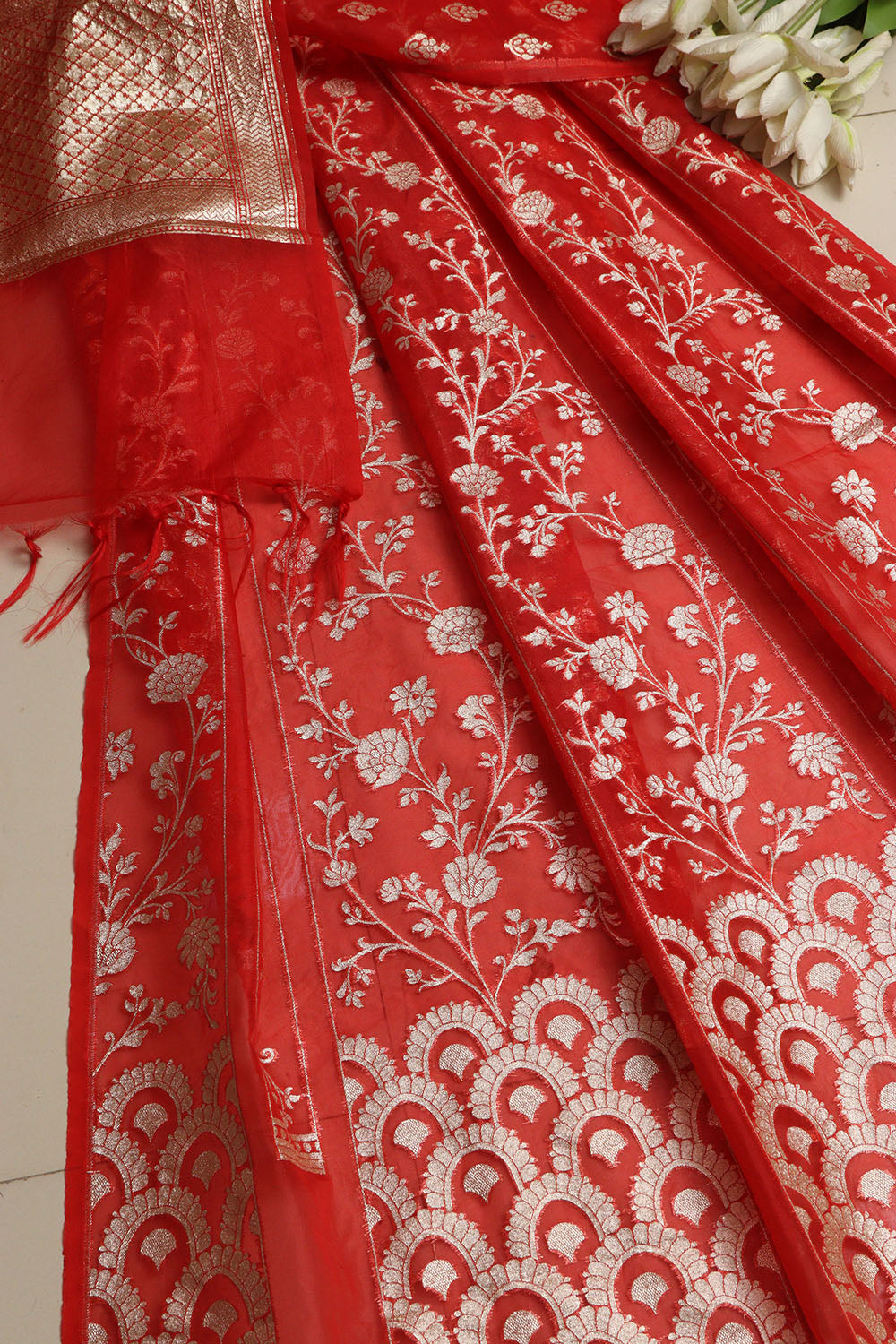 Red Banarasi Organza Silk Unstitched Lehenga Set - Luxurion World