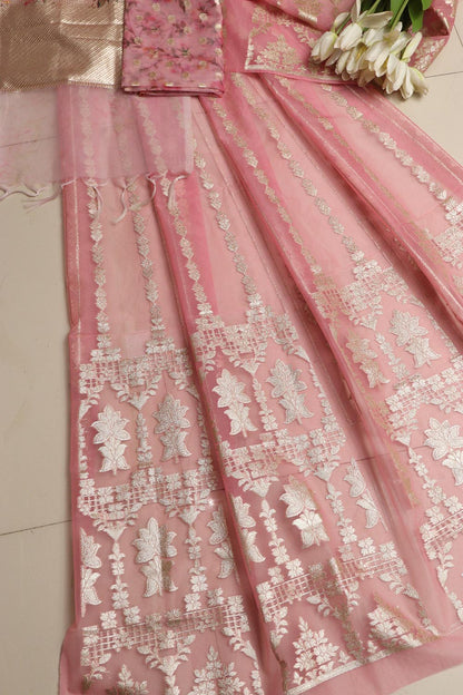 Pink Banarasi Organza Silk Unstitched Lehenga Set - Luxurion World