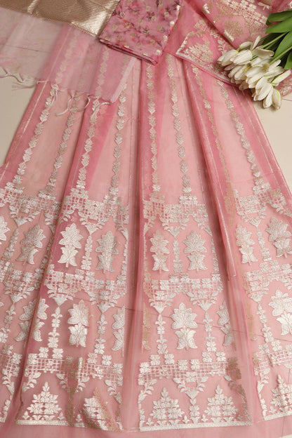 Pink Banarasi Organza Silk Unstitched Lehenga Set - Luxurion World