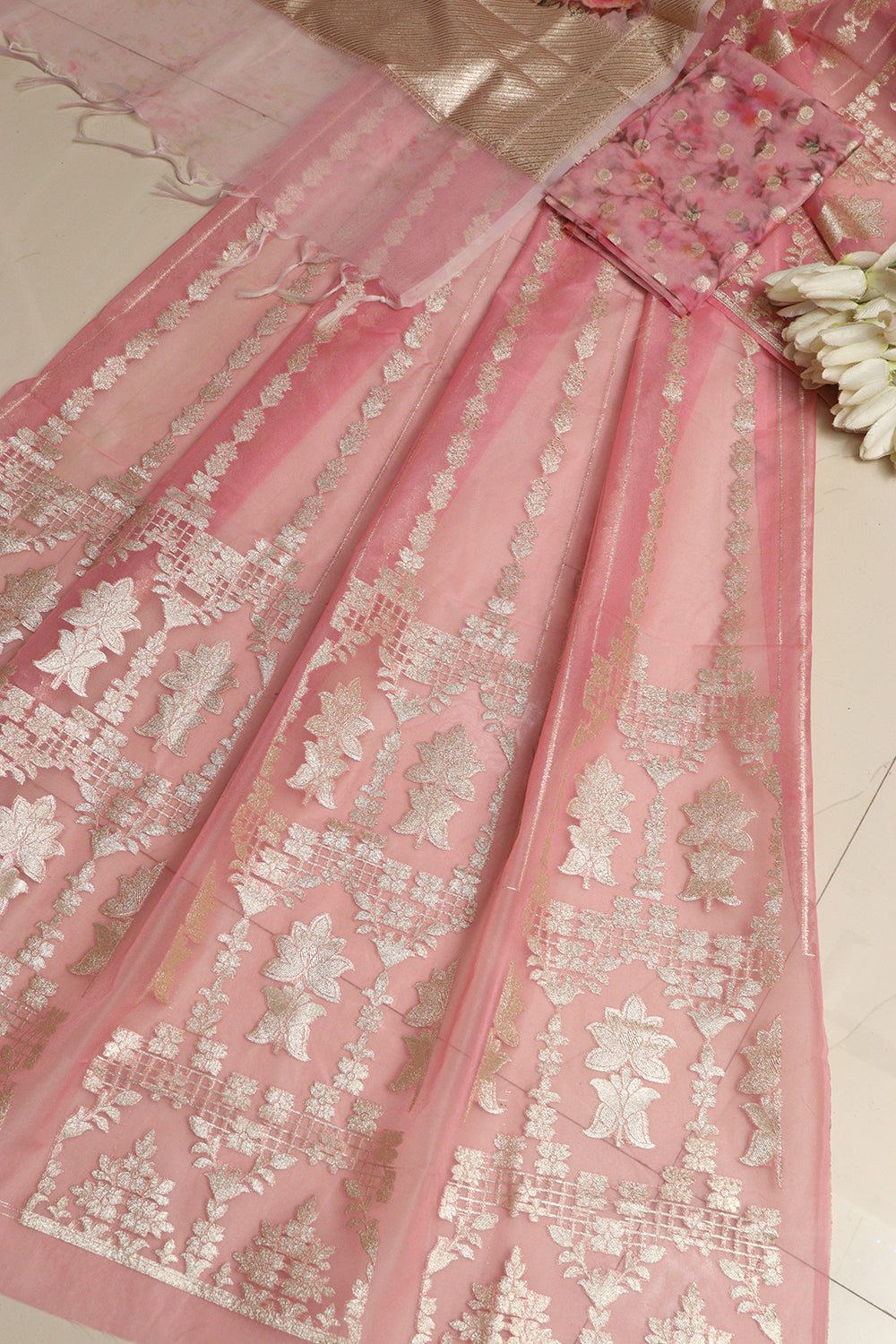 Pink Banarasi Organza Silk Unstitched Lehenga Set - Luxurion World