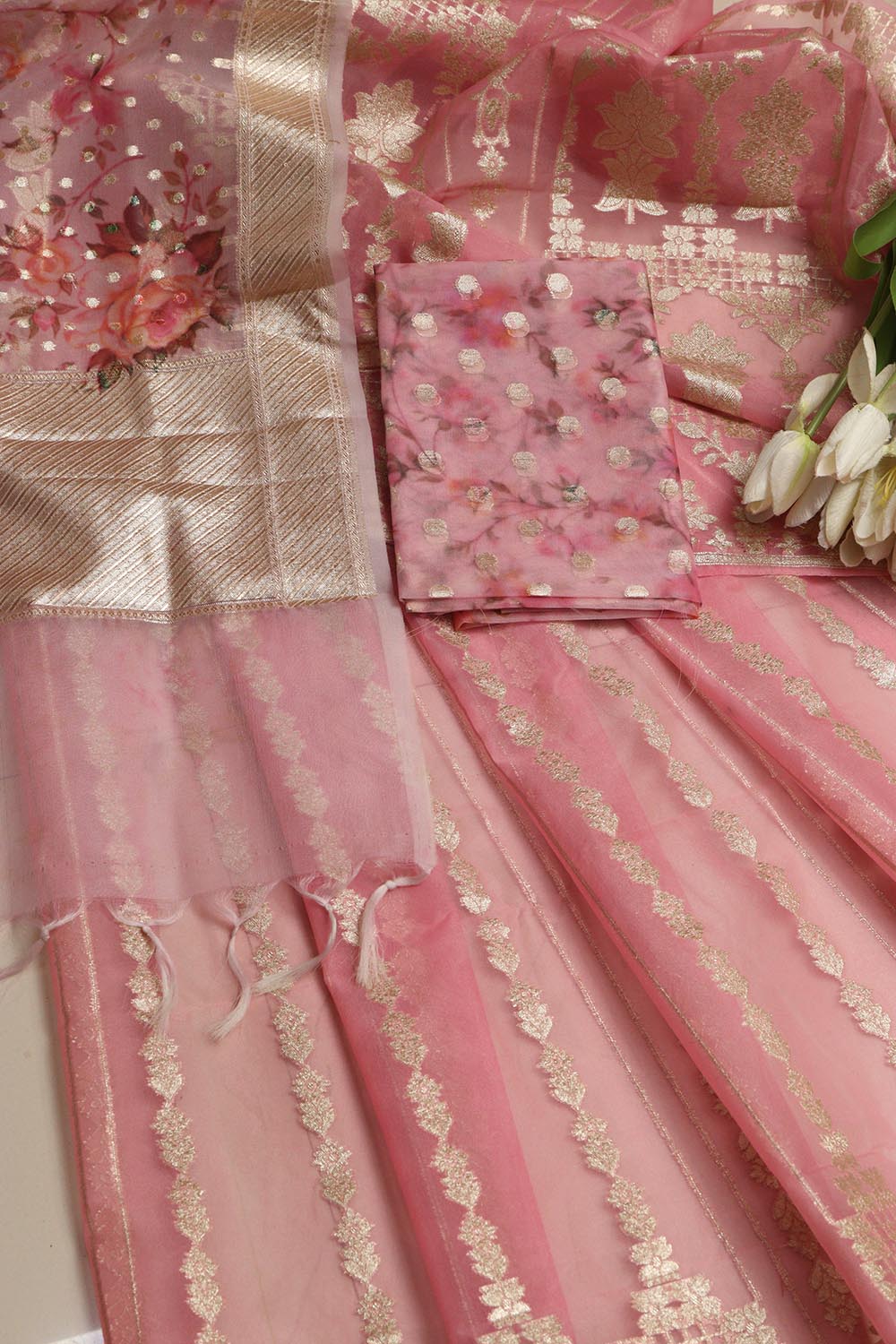 Pink Banarasi Organza Silk Unstitched Lehenga Set - Luxurion World