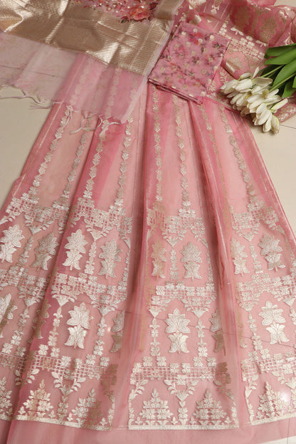 Pink Banarasi Organza Silk Unstitched Lehenga Set - Luxurion World
