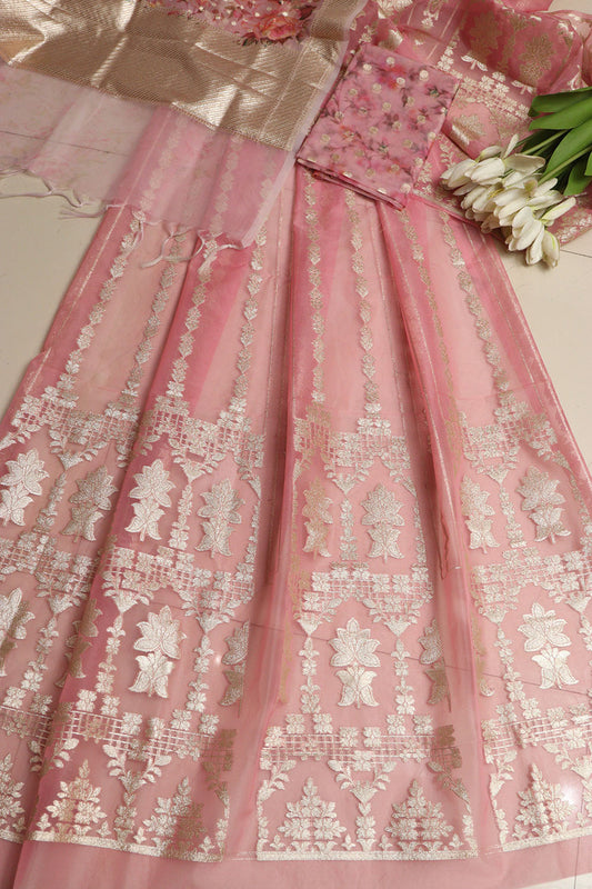 Pink Banarasi Organza Silk Unstitched Lehenga Set - Luxurion World