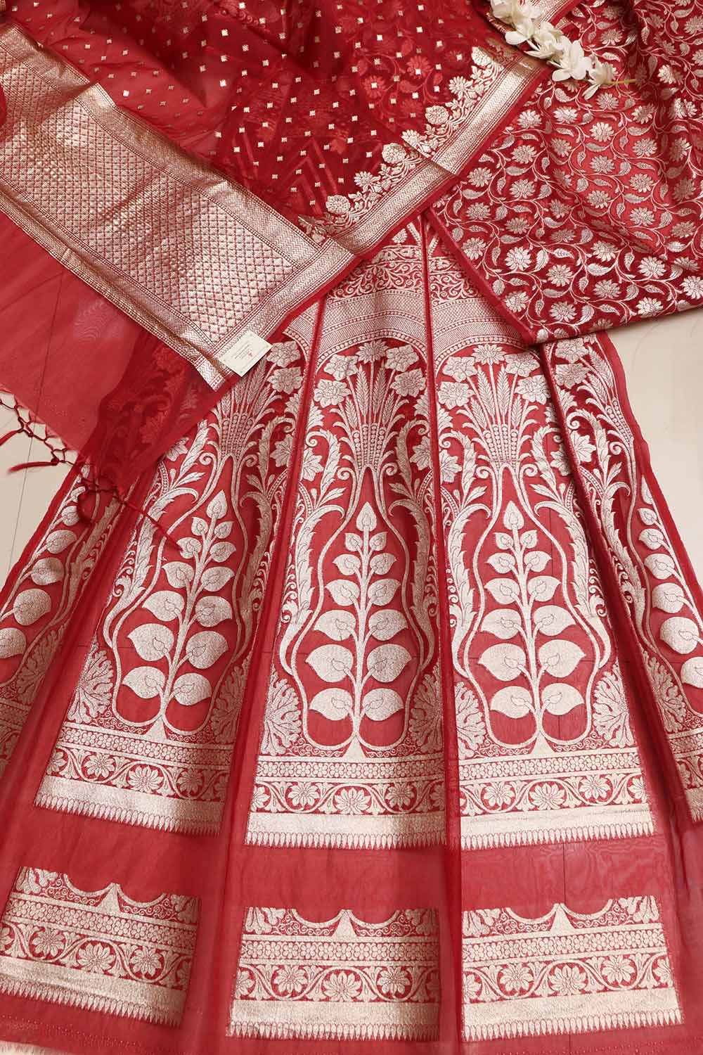 Elegant Maroon Banarasi Organza Silk Unstitched Lehenga Set - Luxurion World