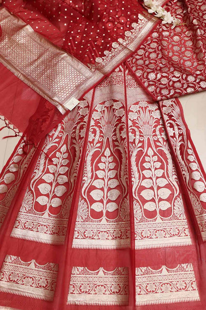 Elegant Maroon Banarasi Organza Silk Unstitched Lehenga Set - Luxurion World