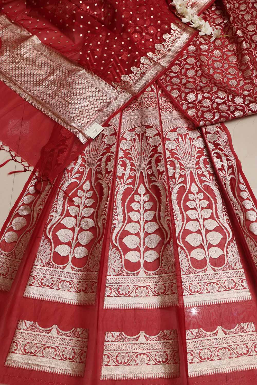 Elegant Maroon Banarasi Organza Silk Unstitched Lehenga Set - Luxurion World