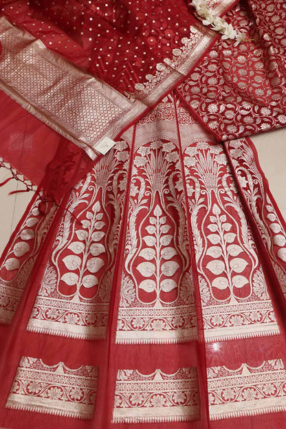 Elegant Maroon Banarasi Organza Silk Unstitched Lehenga Set - Luxurion World