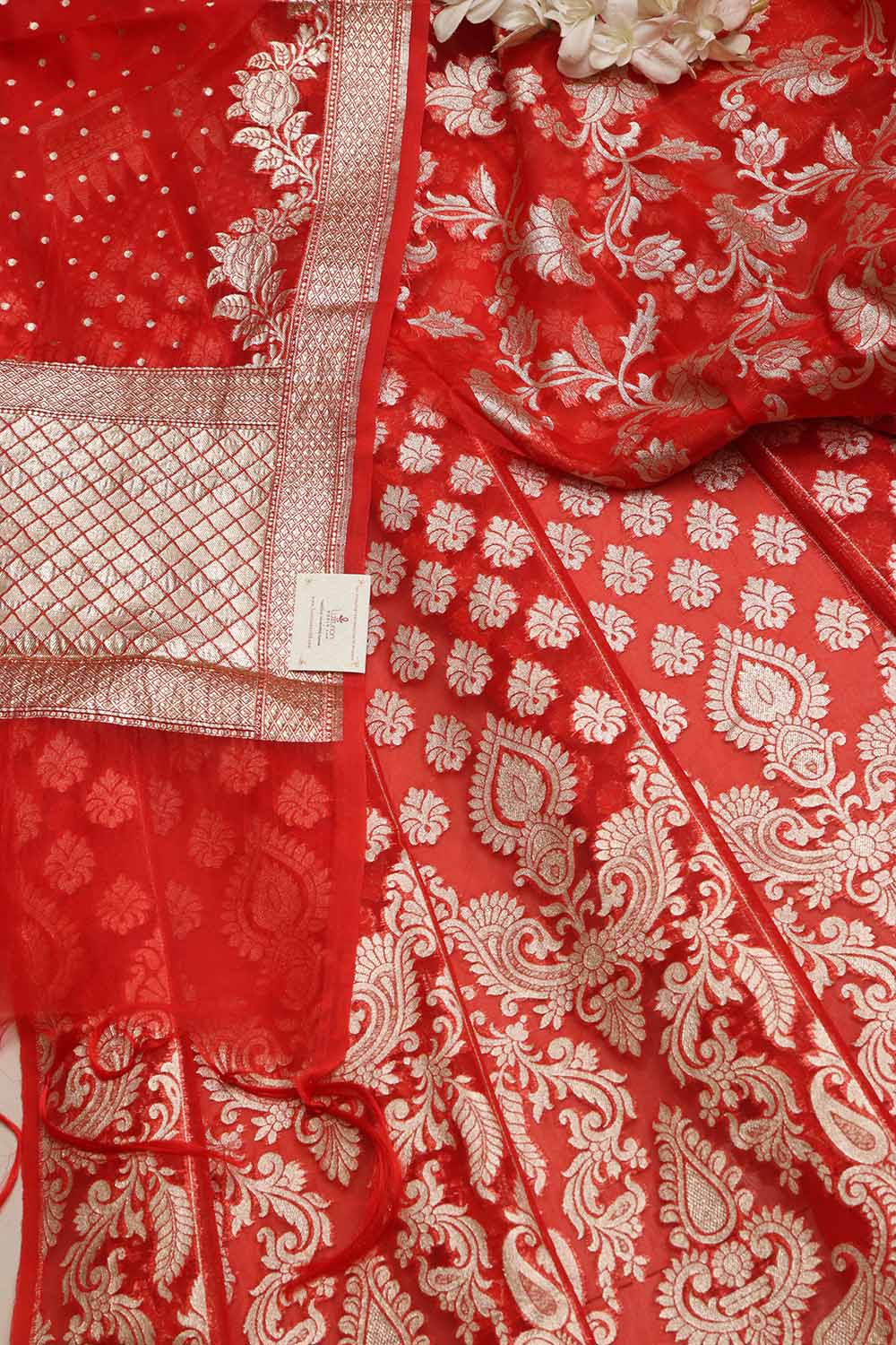 Red Banarasi Organza Silk Unstitched Lehenga Set - Luxurion World