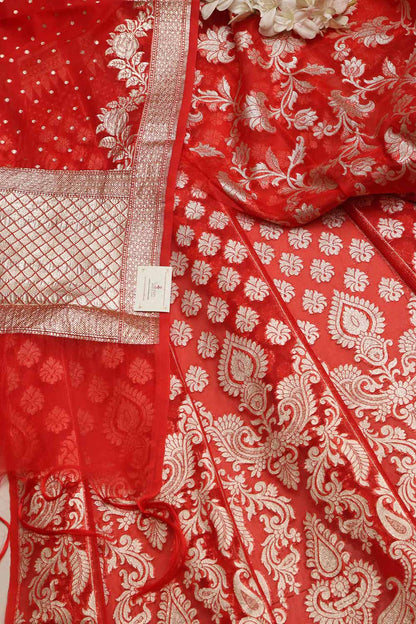 Red Banarasi Organza Silk Unstitched Lehenga Set - Luxurion World