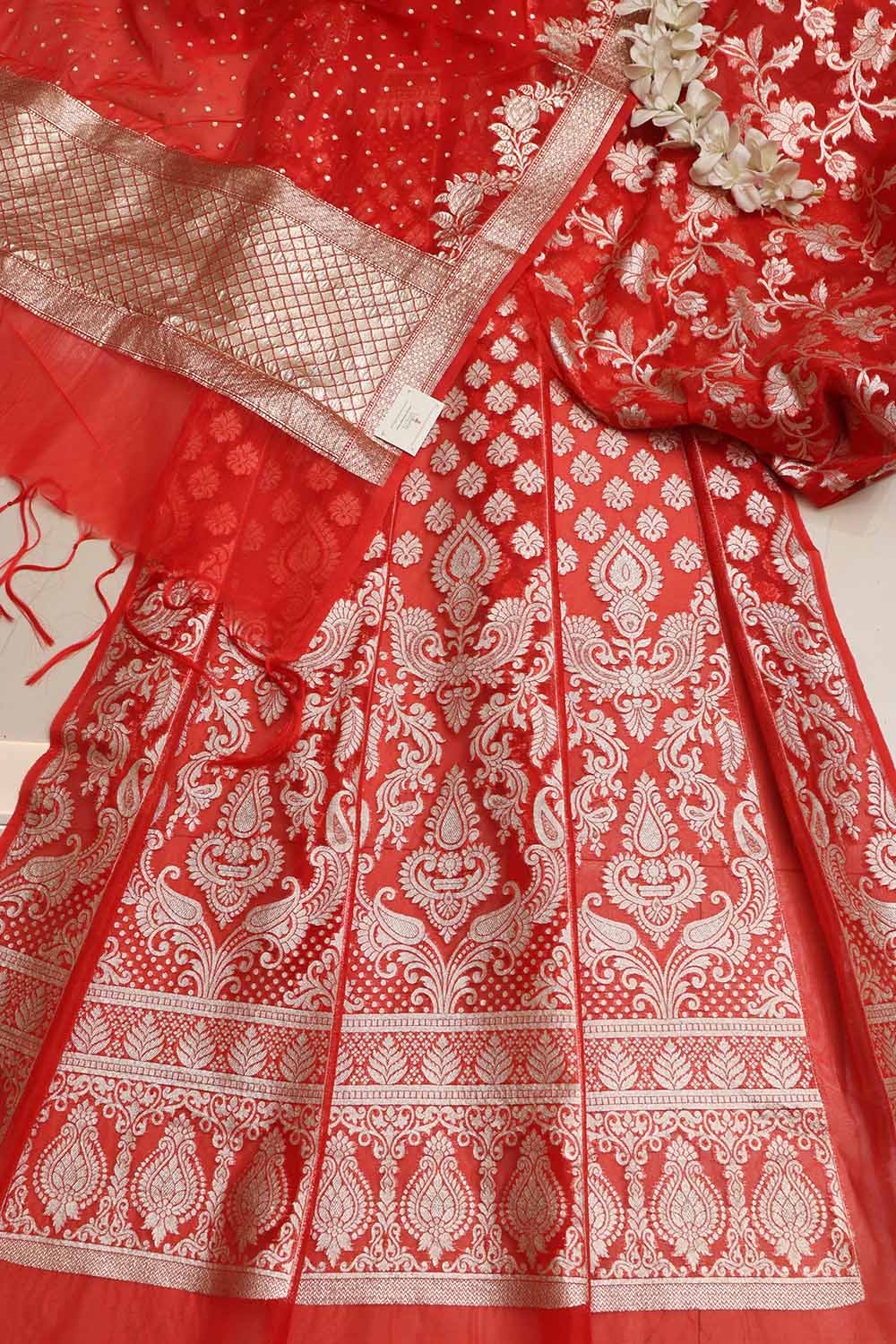 Red Banarasi Organza Silk Unstitched Lehenga Set - Luxurion World