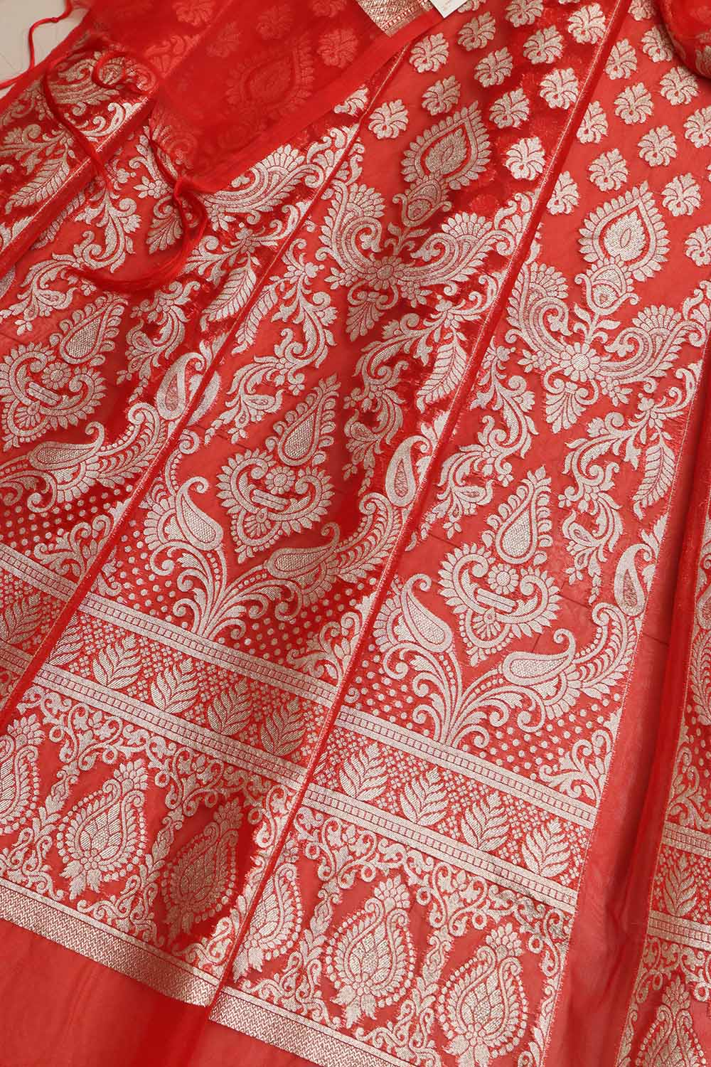 Red Banarasi Organza Silk Unstitched Lehenga Set - Luxurion World