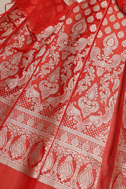 Red Banarasi Organza Silk Unstitched Lehenga Set - Luxurion World
