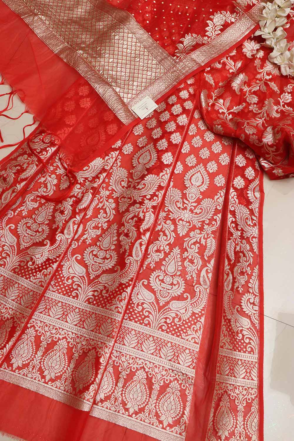 Red Banarasi Organza Silk Unstitched Lehenga Set - Luxurion World