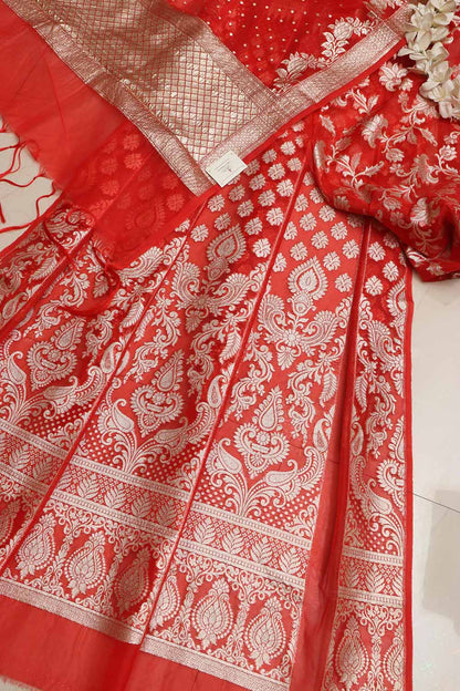 Red Banarasi Organza Silk Unstitched Lehenga Set - Luxurion World