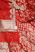 Red Banarasi Organza Silk Unstitched Lehenga Set - Luxurion World