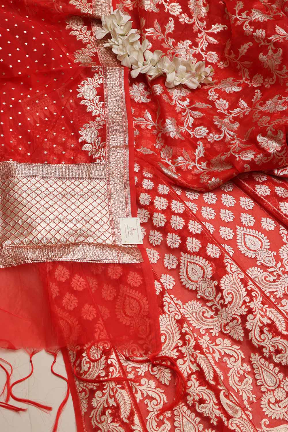 Red Banarasi Organza Silk Unstitched Lehenga Set - Luxurion World