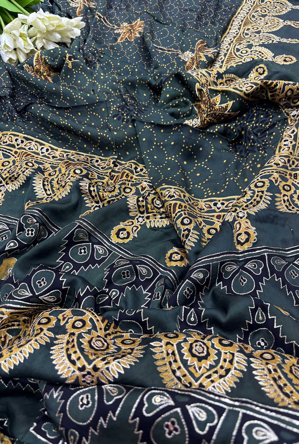 Black Pitta Zari Embroidery Ajrakh Work Modal Silk Saree - Luxurion World