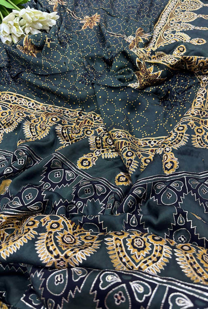 Black Pitta Zari Embroidery Ajrakh Work Modal Silk Saree - Luxurion World