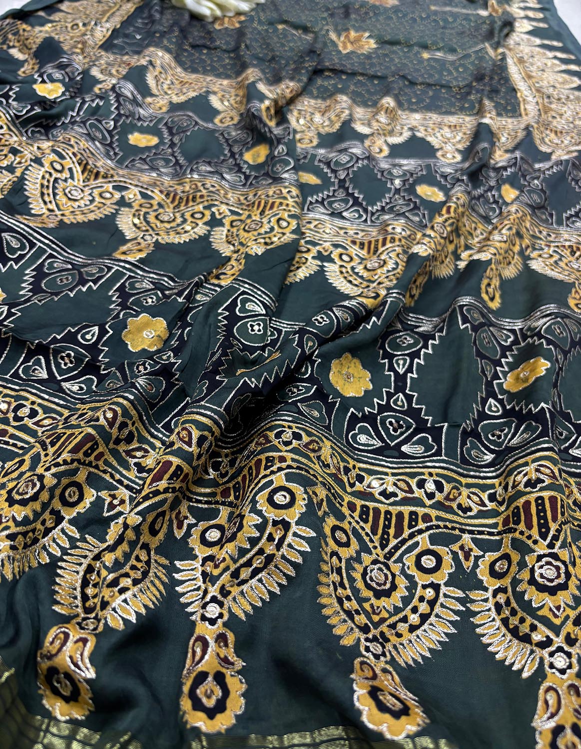 Black Pitta Zari Embroidery Ajrakh Work Modal Silk Saree - Luxurion World