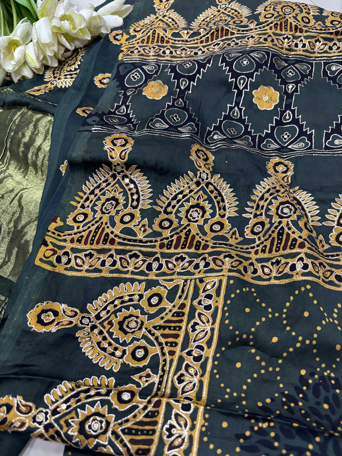 Black Pitta Zari Embroidery Ajrakh Work Modal Silk Saree - Luxurion World