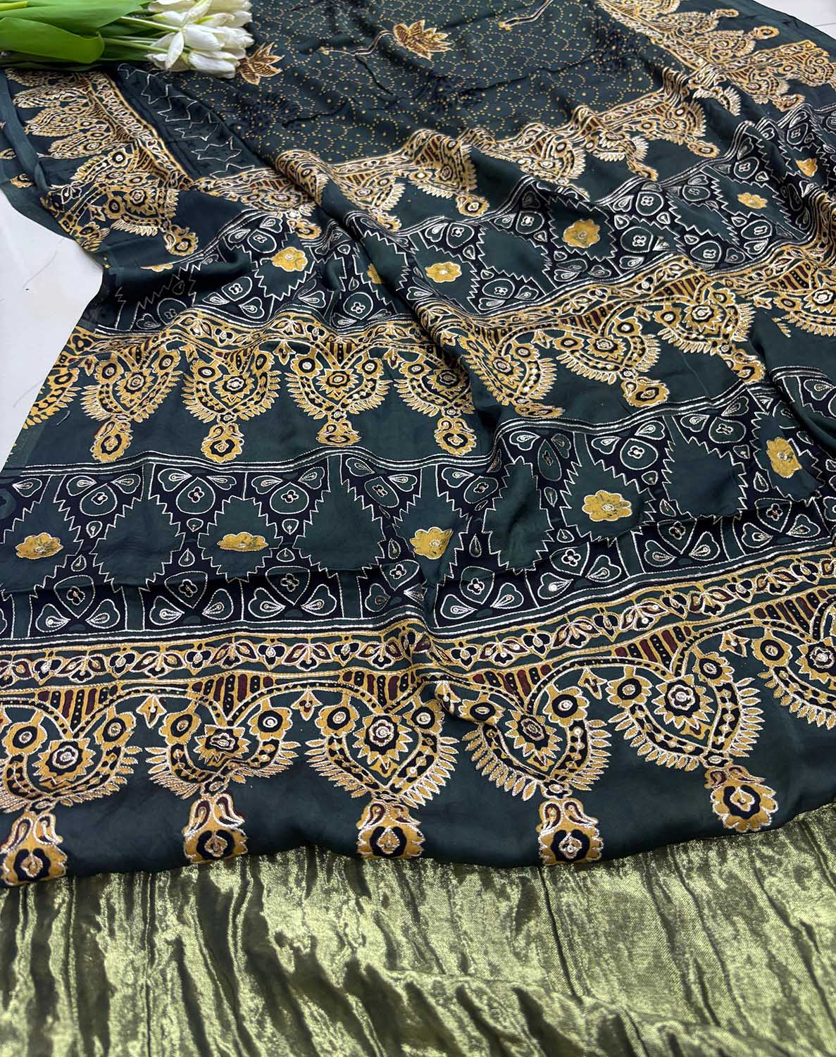 Black Pitta Zari Embroidery Ajrakh Work Modal Silk Saree - Luxurion World