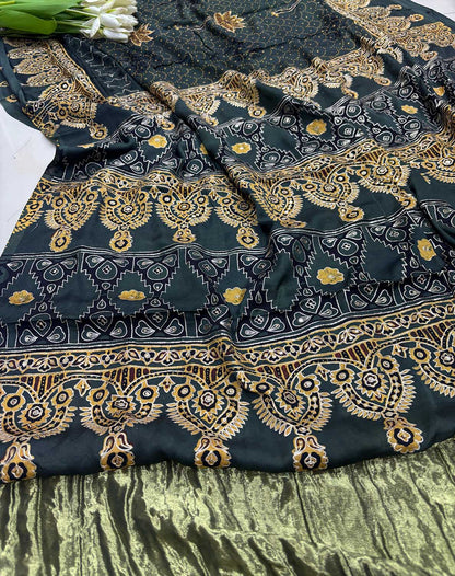 Black Pitta Zari Embroidery Ajrakh Work Modal Silk Saree - Luxurion World