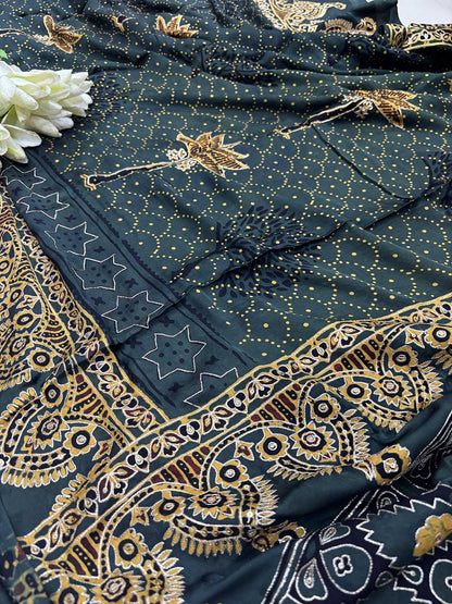 Black Pitta Zari Embroidery Ajrakh Work Modal Silk Saree - Luxurion World