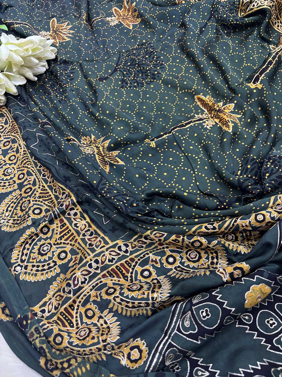 Black Pitta Zari Embroidery Ajrakh Work Modal Silk Saree - Luxurion World
