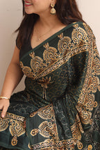 Black Pitta Zari Embroidery Ajrakh Work Modal Silk Saree - Luxurion World
