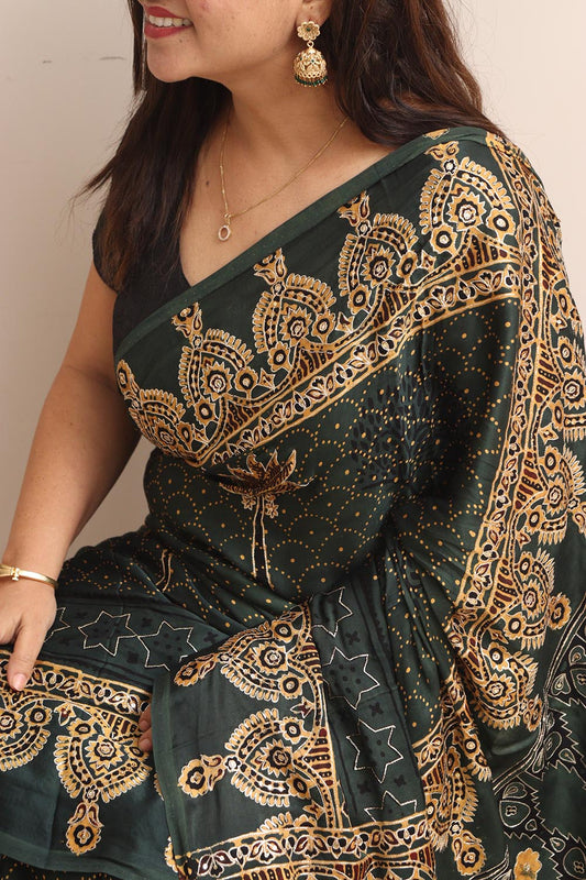 Black Pitta Zari Embroidery Ajrakh Work Modal Silk Saree - Luxurion World