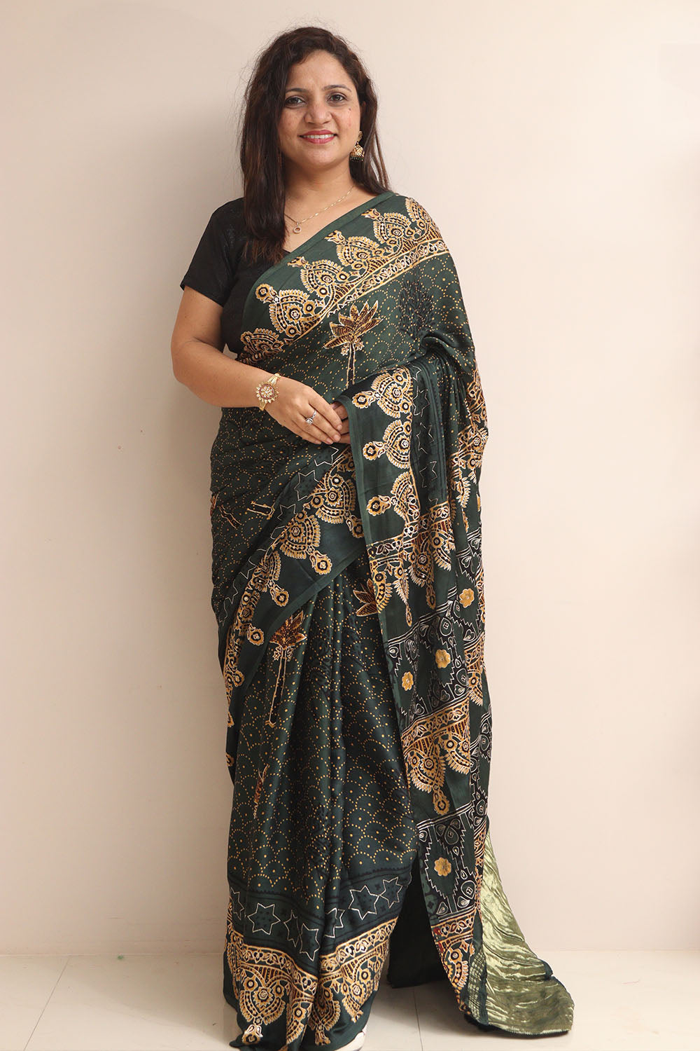 Black Pitta Zari Embroidery Ajrakh Work Modal Silk Saree - Luxurion World