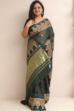 Black Pitta Zari Embroidery Ajrakh Work Modal Silk Saree - Luxurion World