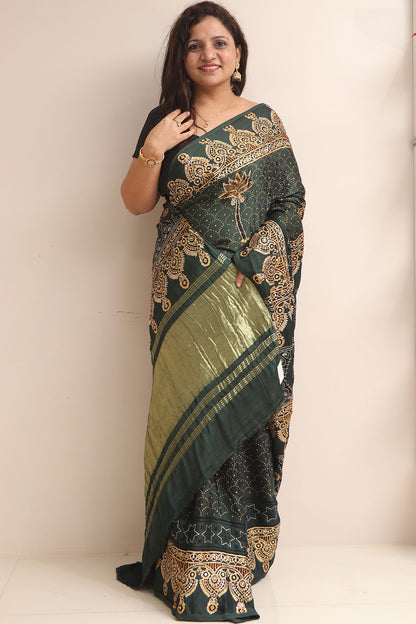 Black Pitta Zari Embroidery Ajrakh Work Modal Silk Saree - Luxurion World