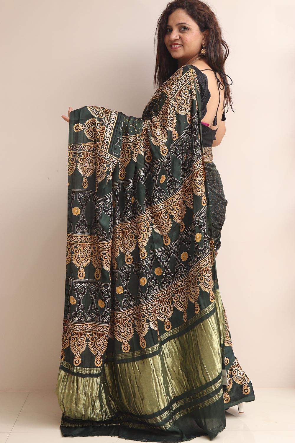 Black Pitta Zari Embroidery Ajrakh Work Modal Silk Saree - Luxurion World